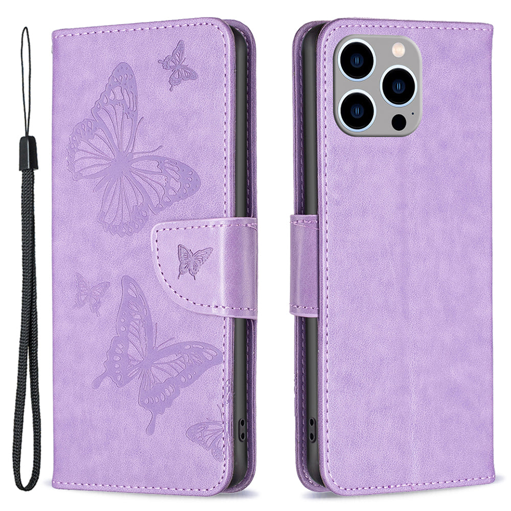 Uniqkart for iPhone 15 Pro Max Flip Case Butterfly Imprinted Leather Anti-Dust Stand Wallet Phone Cover with Strap - Purple Uniqkart for iPhone 15 Pro Max Flip Case Butterfly Imprinted Leather Anti-Dust Stand Wallet Phone Cover with Strap - Purple